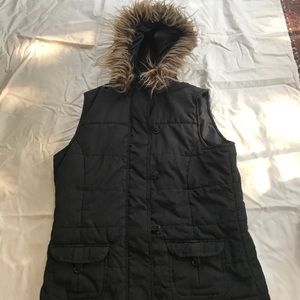 Black Zip + Button Vest with Removable Hood - L